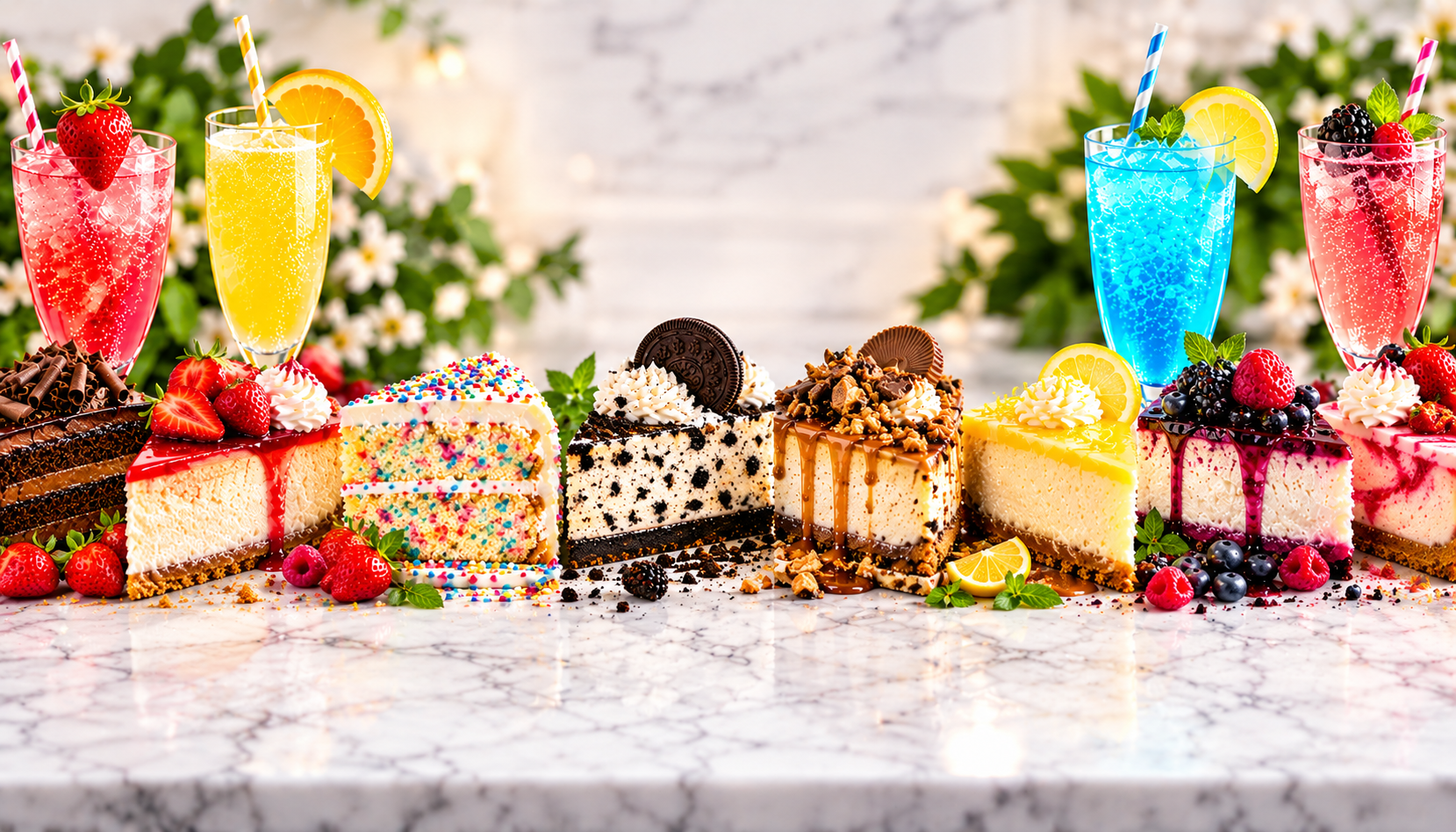 A spread of cheesecakes, cakes and colorful fizzy drinks on marble